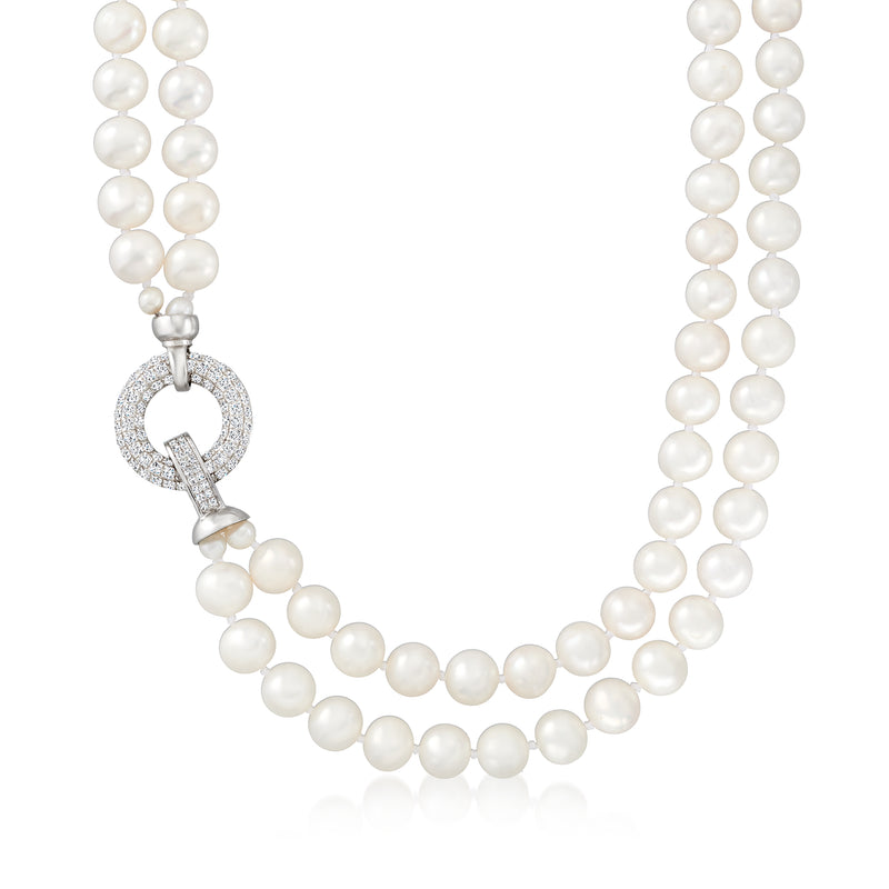 Cultured pearl two-strand necklace with heart pendant clasp in sterling silver
