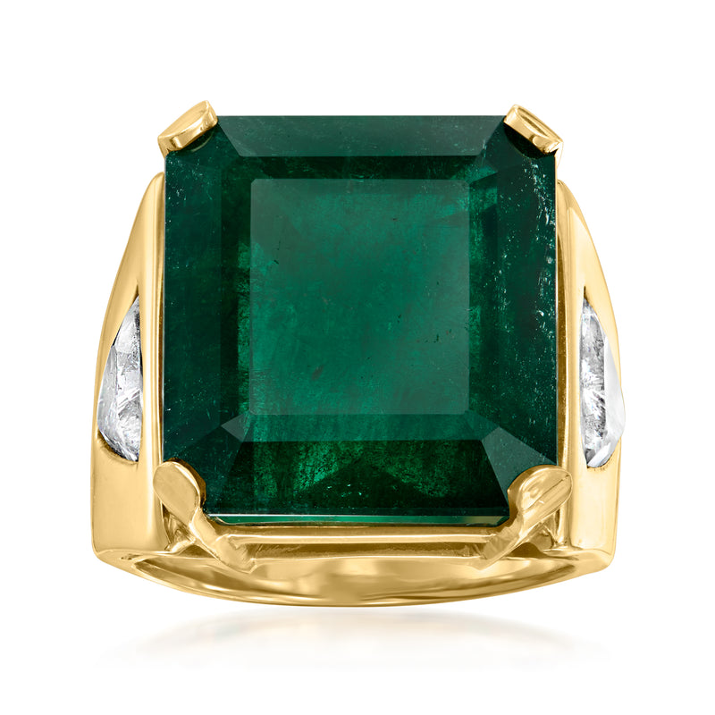 18k yellow gold ring with emerald-cut green emerald center, prong-set sides