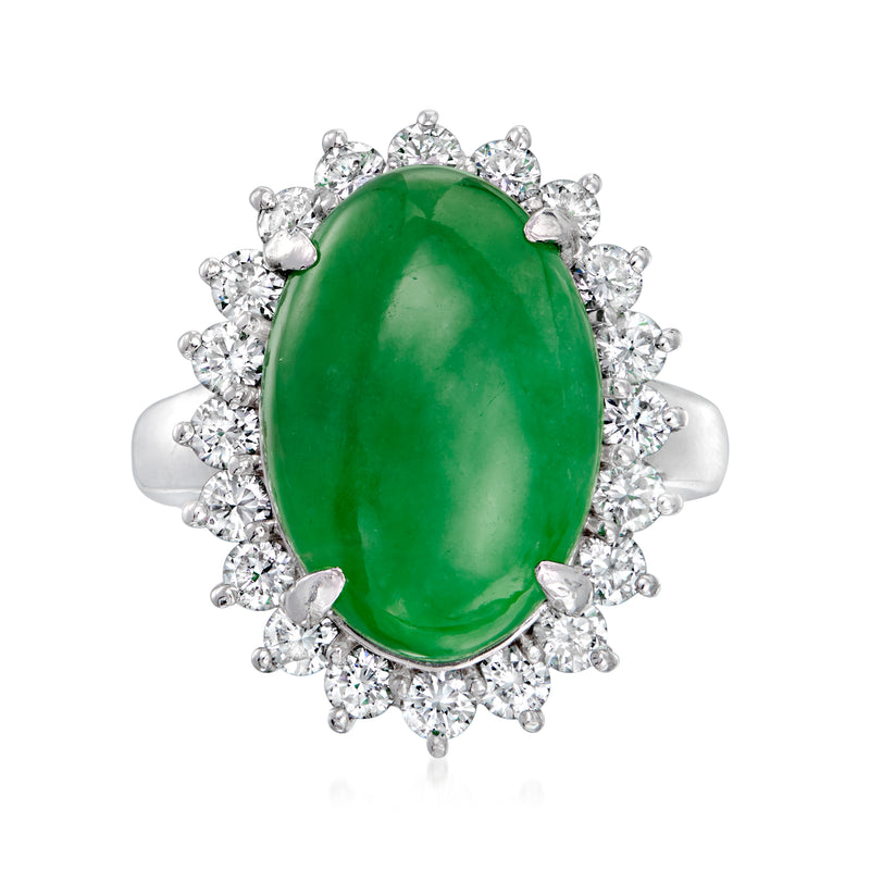 Vintage platinum jade oval ring with diamond halo