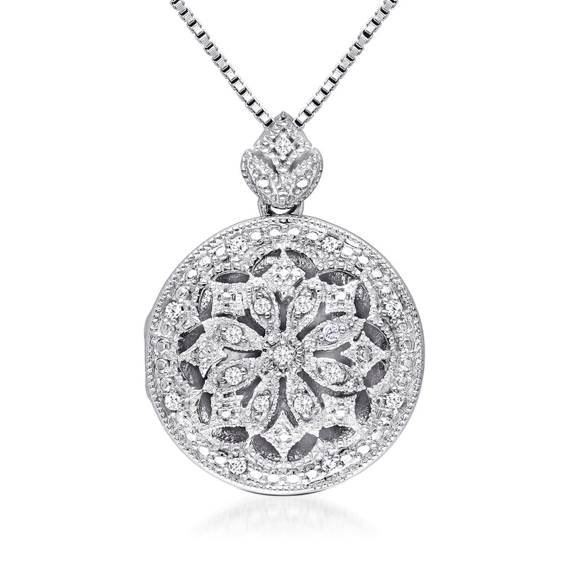 Sterling silver round locket necklace with diamond-studded pendant and link chain