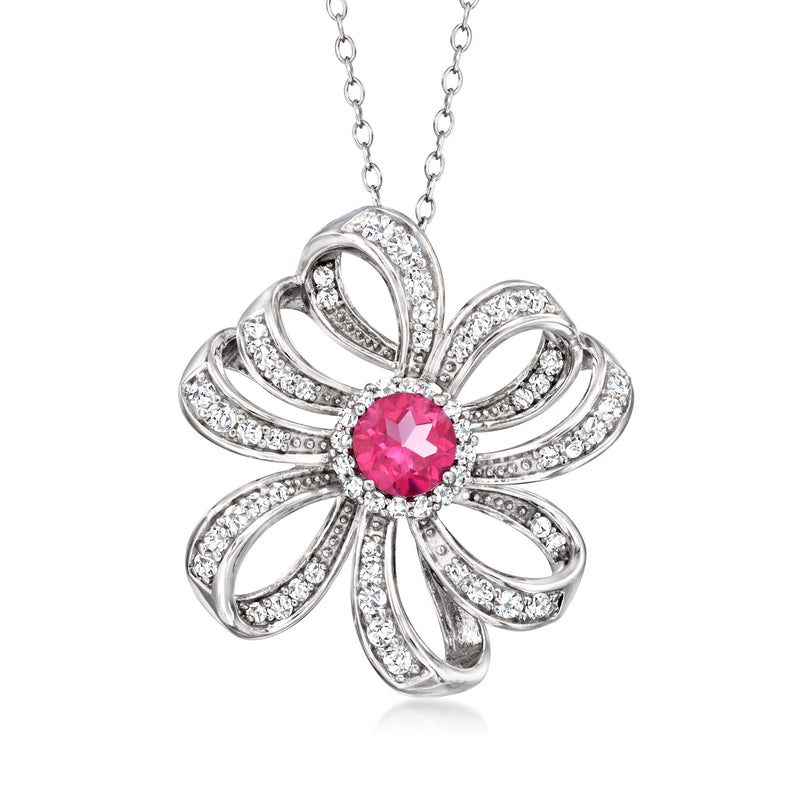 Sterling silver flower pendant necklace with pink center and white gemstones