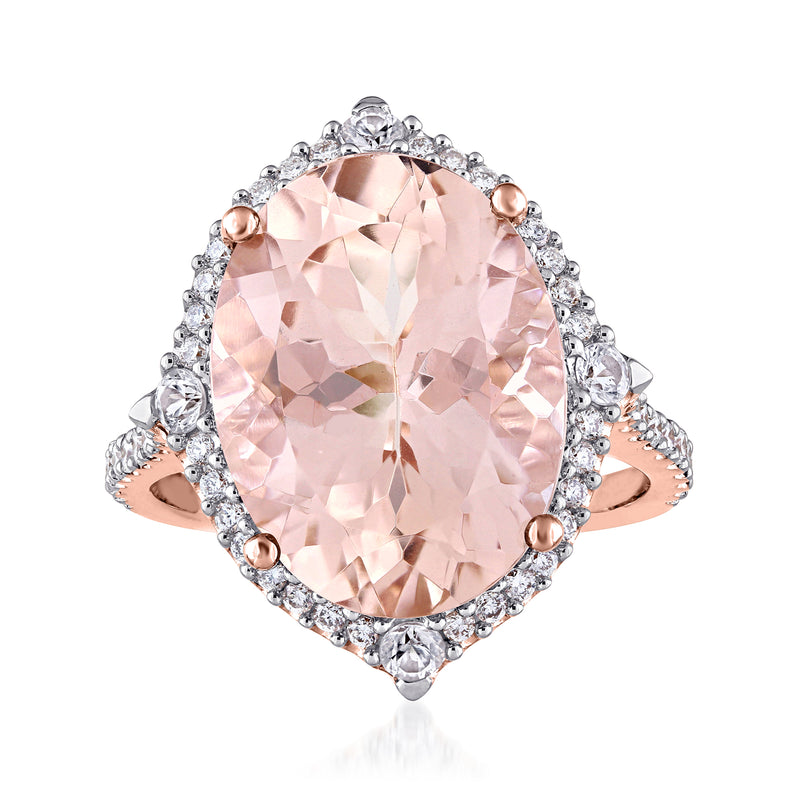 Oval morganite gemstone ring with round diamond halo and 14kt rose gold setting