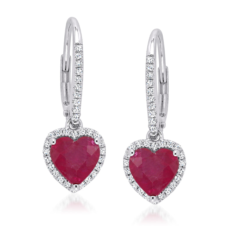Ruby heart drop earrings with diamond halo, 14kt white gold leverbacks