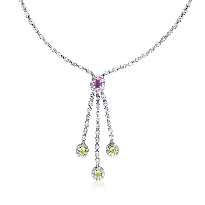 14kt white gold diamond necklace with pink sapphire center and yellow/pink teardrop drops
