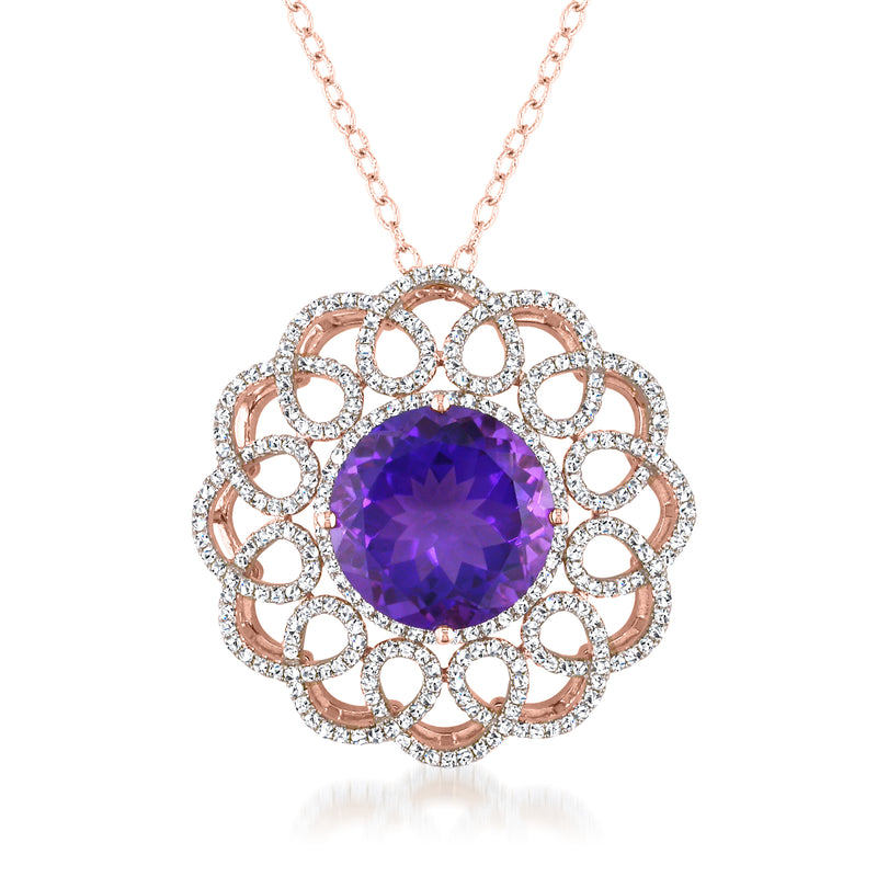 14kt rose gold amethyst pendant necklace with circular diamond halo and chain
