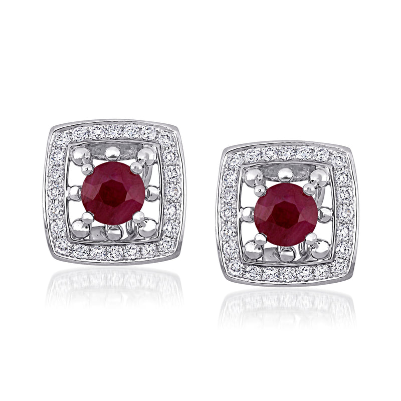 14kt white gold ruby diamond stud earrings, round red ruby in diamond halo