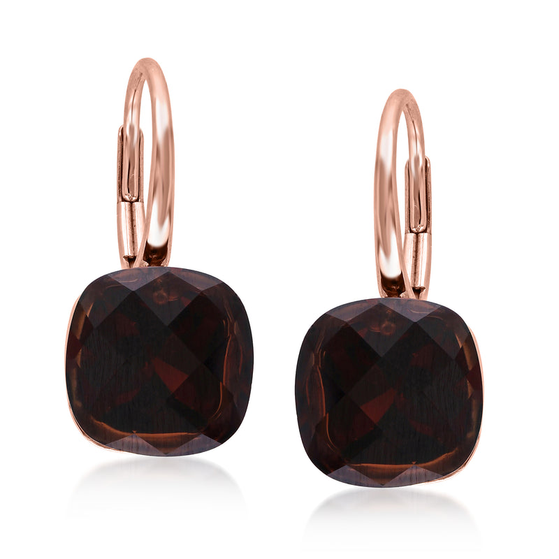 14kt rose gold leverback garnet drop earrings with dark red cushion-cut stones