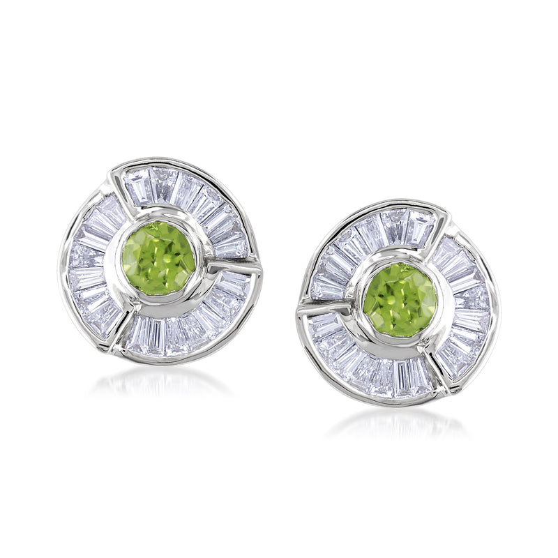 Round peridot and diamond halo stud earrings in 18kt white gold