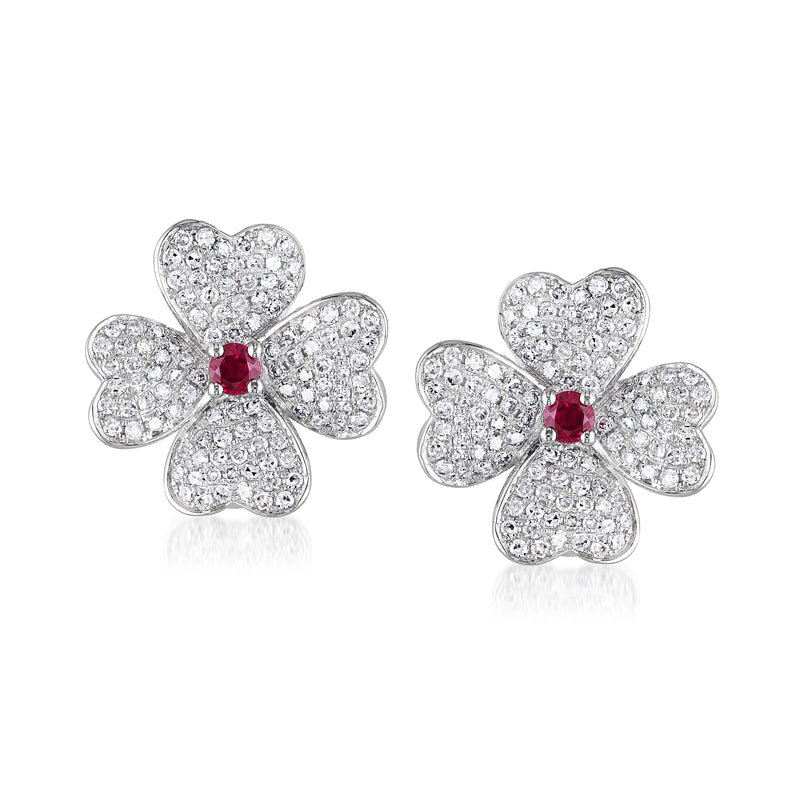 Diamond and ruby flower stud earrings in 14kt white gold