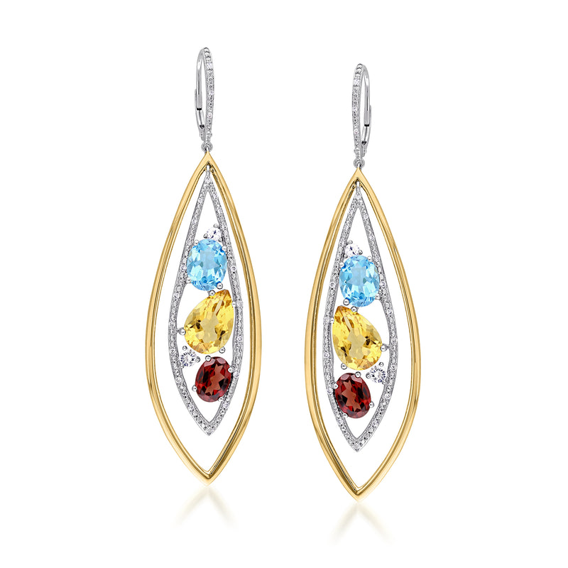 Two-tone gold leverback drop earrings, teardrop multi-gem with diamond accents