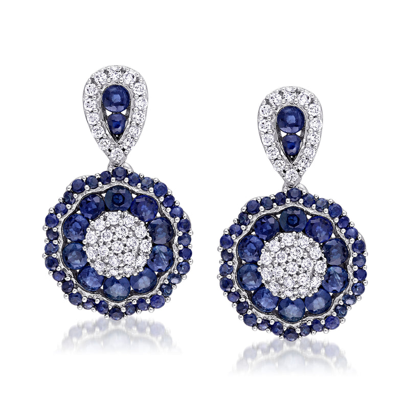Sapphire and diamond halo drop earrings in 14kt white gold, teardrop with blue stones