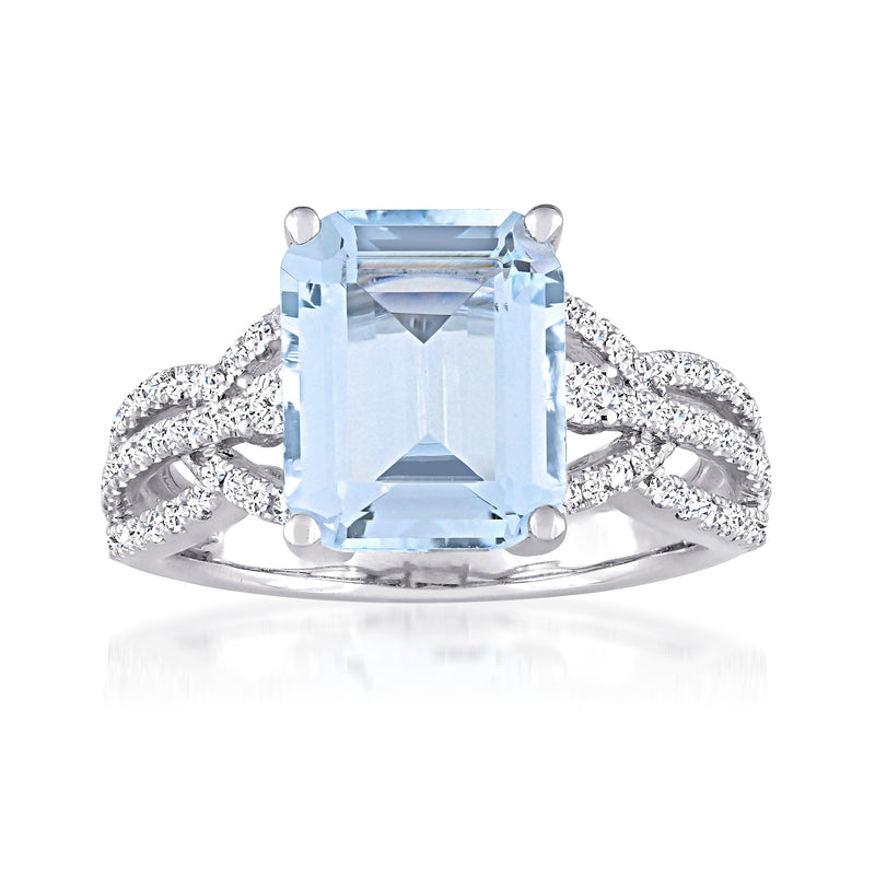 Aquamarine and diamond ring with emerald-cut blue stone in white gold