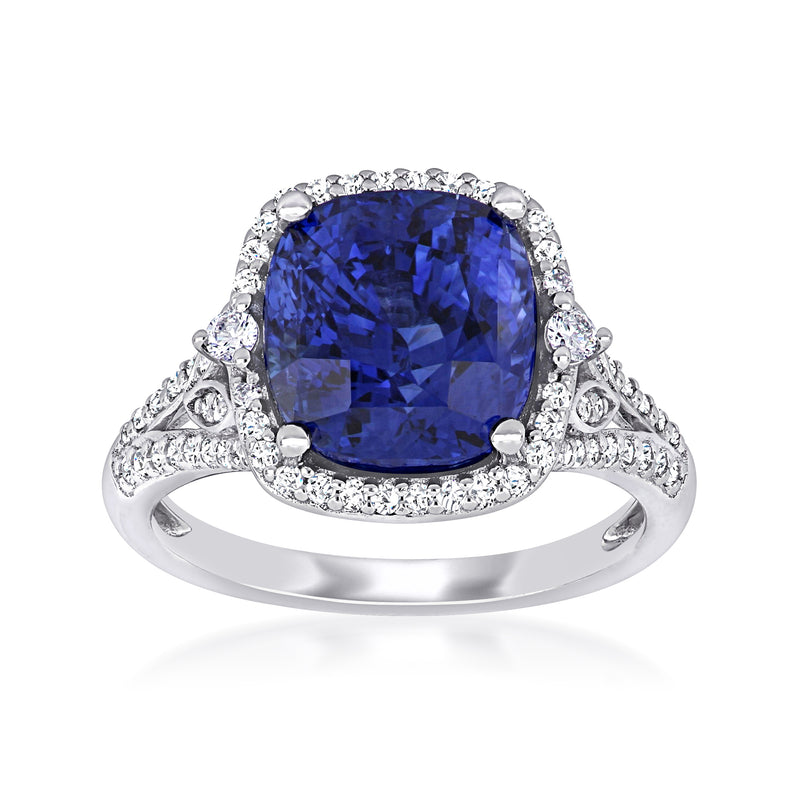 14kt white gold ring with cushion blue sapphire center and diamond halo