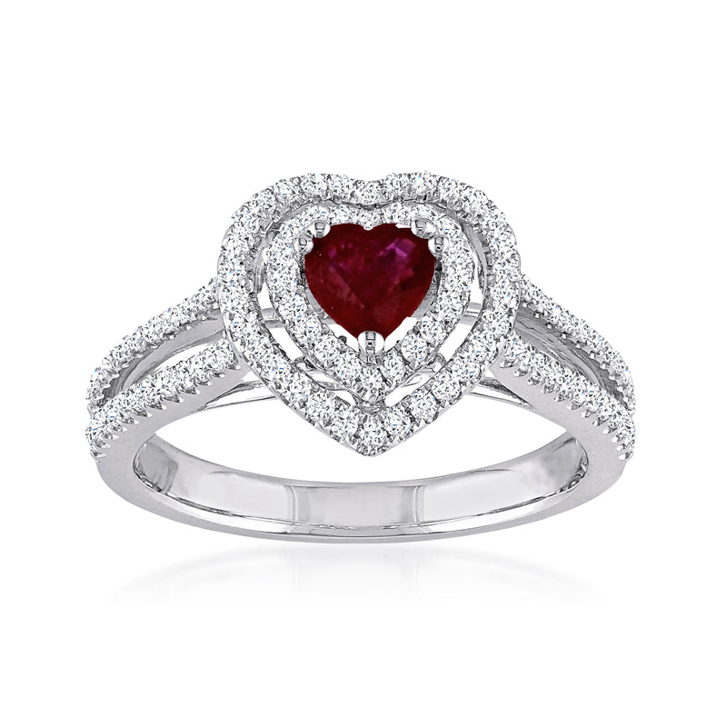 Ruby heart ring with diamond halo in white gold