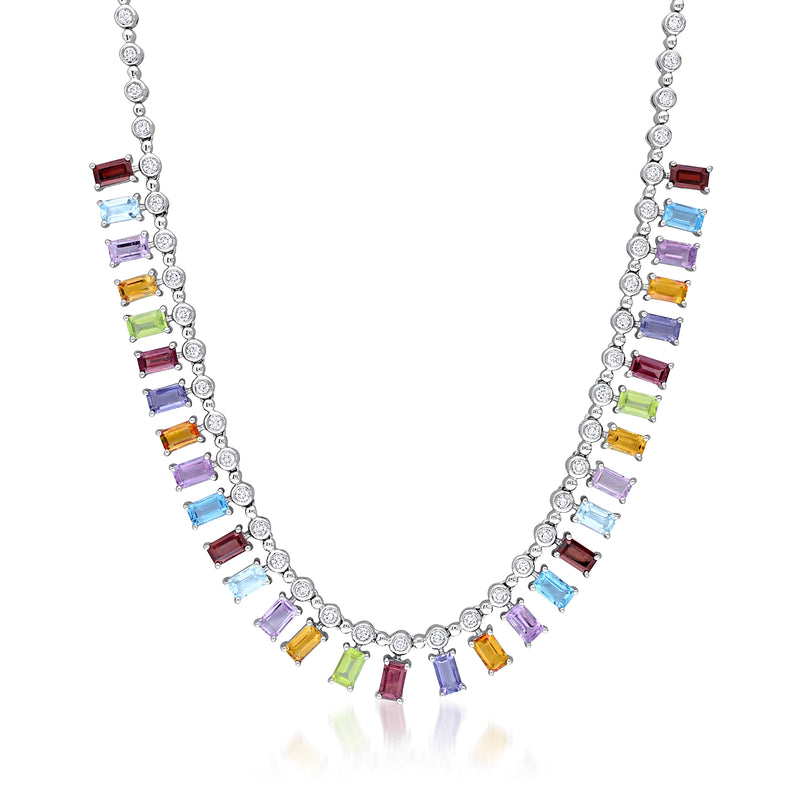 14k white gold multi-gemstone tennis necklace with diamond accents