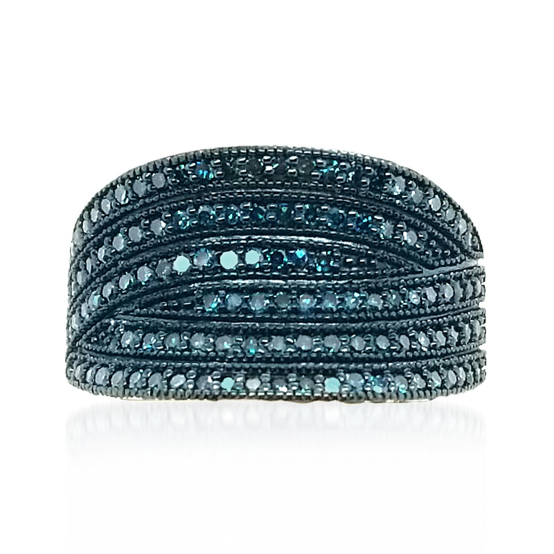 Sterling silver multi-row ring with round blue gemstones in dark prong setting
