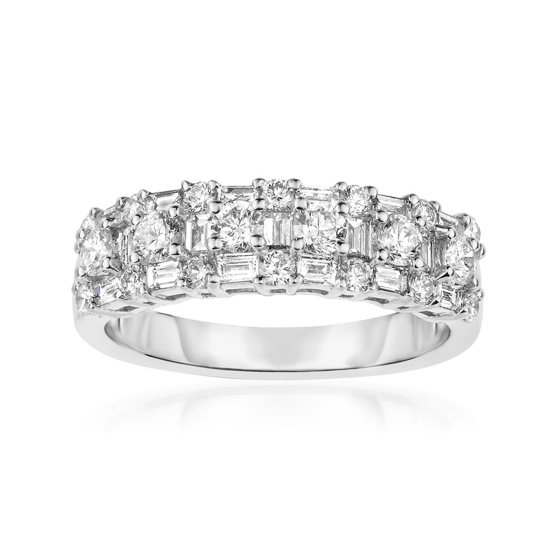 14kt white gold diamond multi-row band with emerald-cut style stones, polished finish