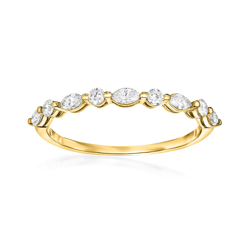 14kt yellow gold diamond ring with round and marquise stones along the band