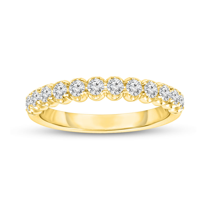 14kt yellow gold diamond wedding band with round bezel-set stones across top