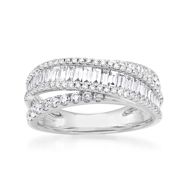 14kt white gold diamond multi-row band with baguette and round stones
