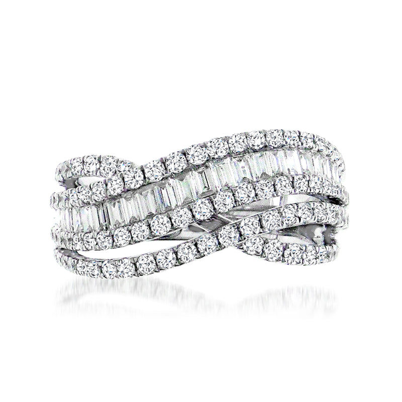 14kt white gold diamond curve ring with baguette and round-cut stones in curved rows
