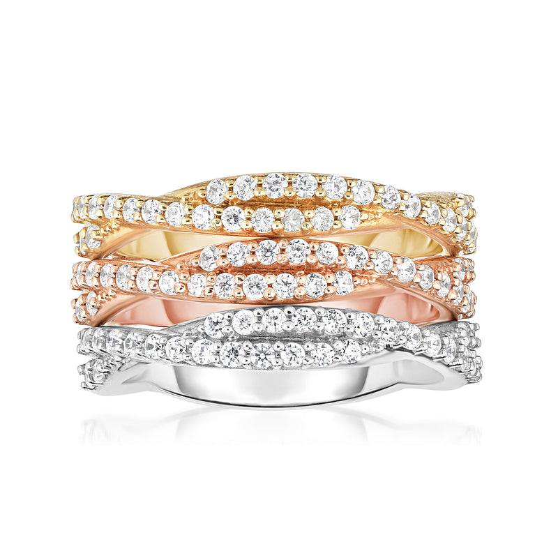 Three stackable diamond rings in tri-colored 14kt gold