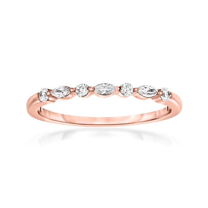 14kt rose gold diamond ring with marquise and round stones on slim band