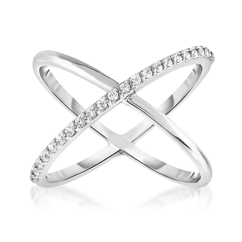 Sterling silver crisscross ring with round-cut diamond accents