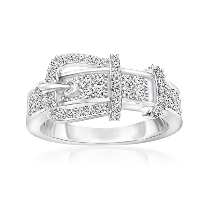 Sterling silver diamond buckle ring with pavé-set stones and polished band