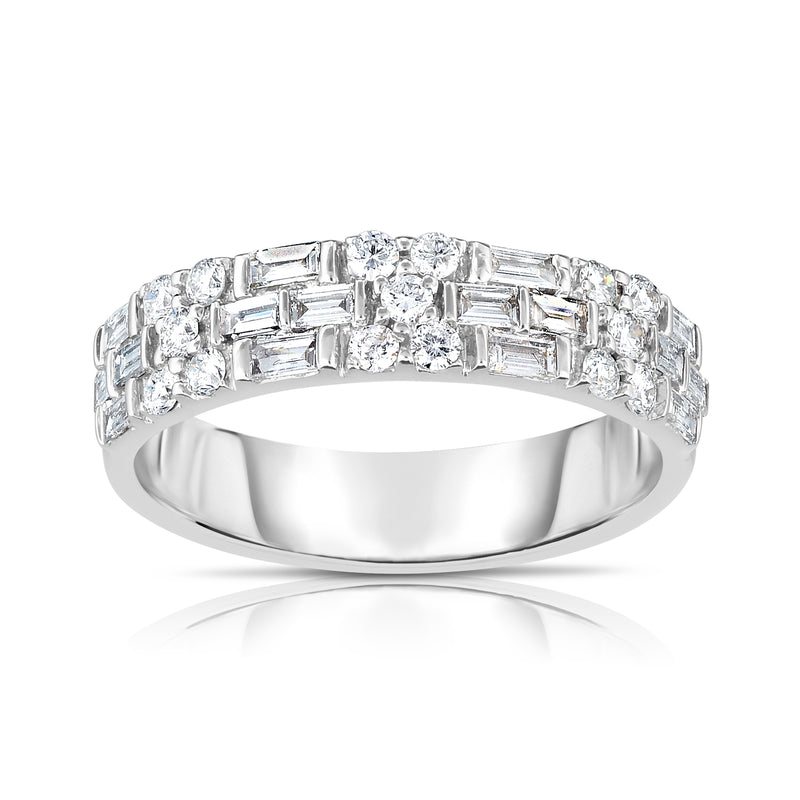14kt white gold diamond multi-row ring with baguette and round-cut stones