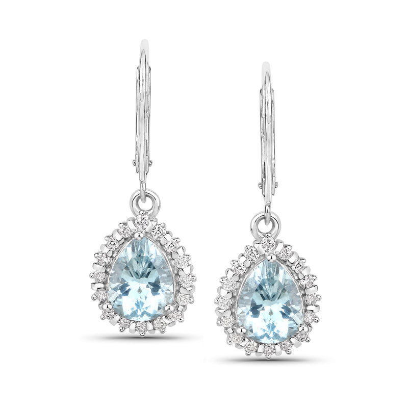 Aquamarine and diamond drop earrings in 14kt white gold with teardrop aquamarine halo