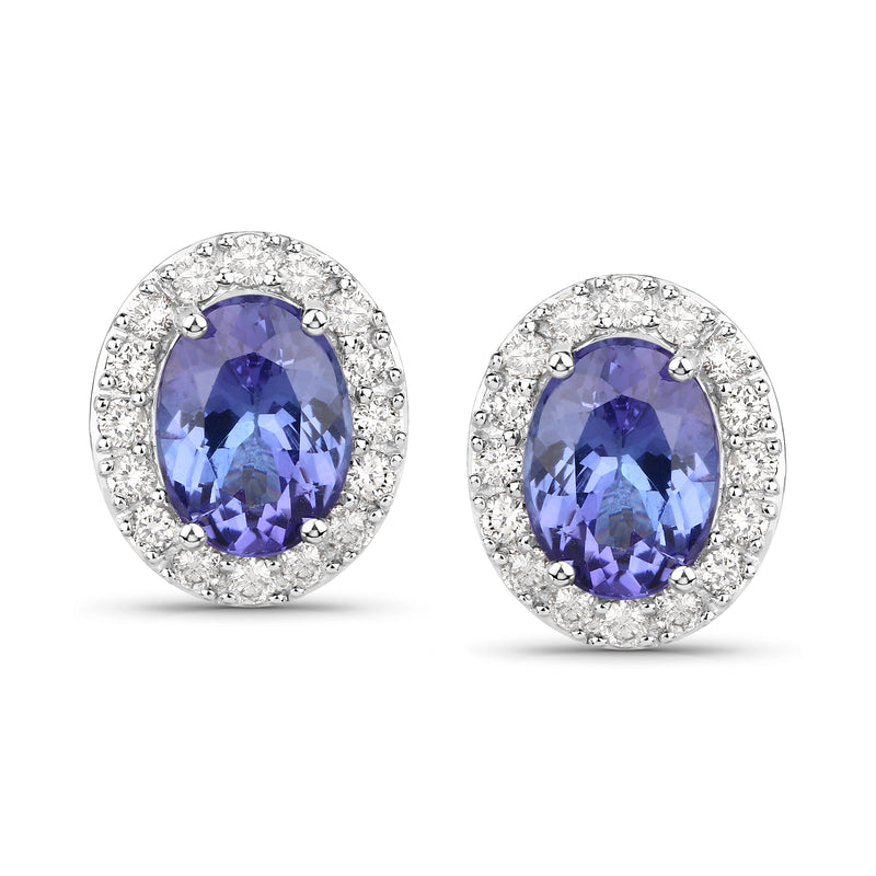 Tanzanite & diamond stud earrings, oval purple stones with diamond halo in white gold
