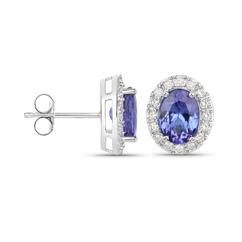 Side view tanzanite & diamond stud earrings, oval purple stone with diamond halo