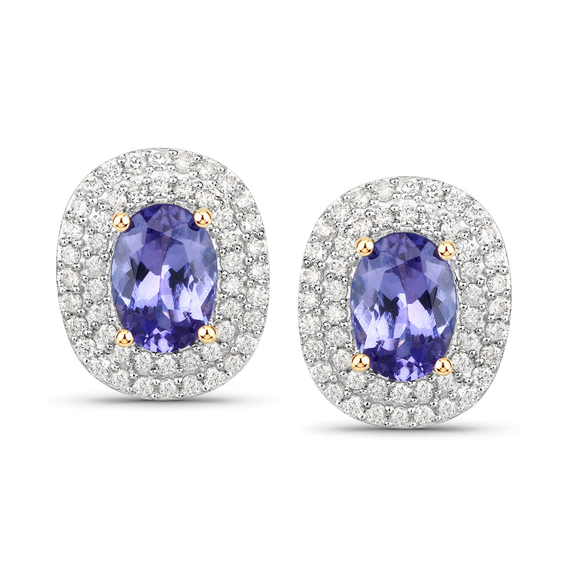 Oval tanzanite stud earrings with diamond halo and yellow-gold prongs, post backs