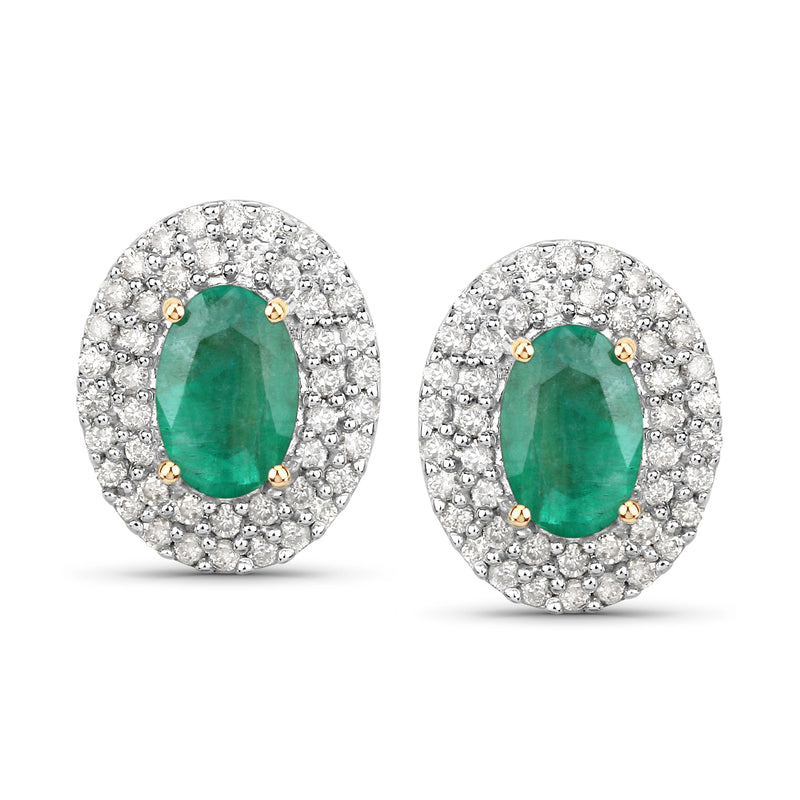 Oval green emerald halo diamond stud earrings in yellow gold with posts