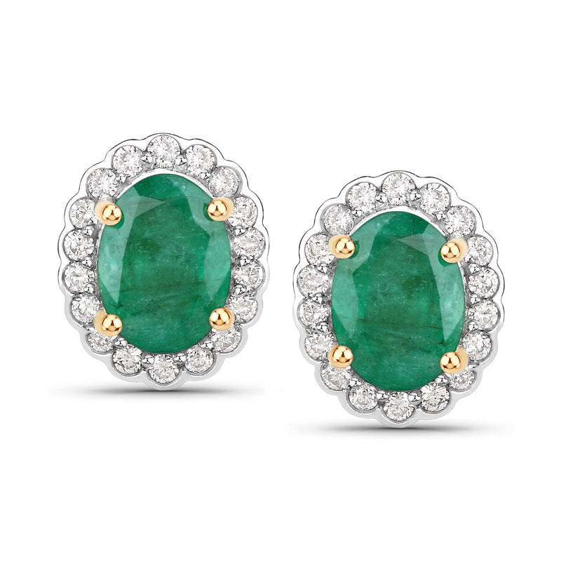 14kt yellow gold scalloped emerald and diamond stud earrings with post backs