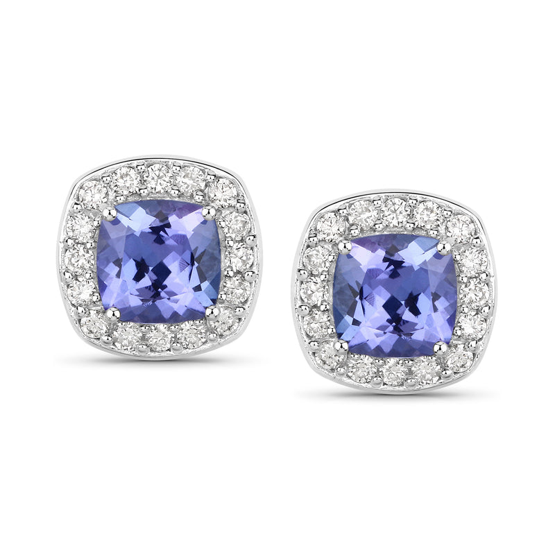 White gold stud earrings with purple tanzanite cushion center and diamond halo