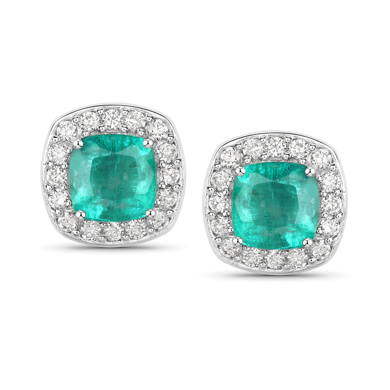 Emerald and diamond stud earrings in white gold with square emerald halo