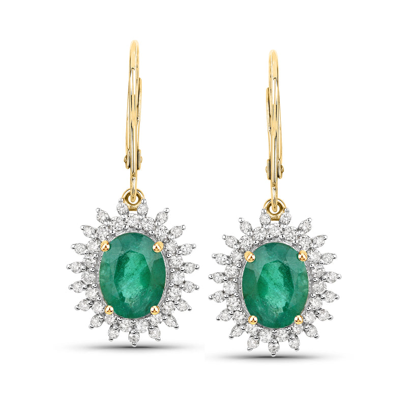 14kt yellow gold drop earrings with oval emerald-green gemstone and diamond halo, post style