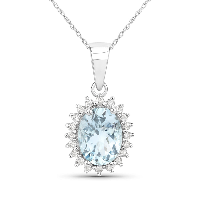14kt white gold pendant necklace with oval aquamarine and diamond halo
