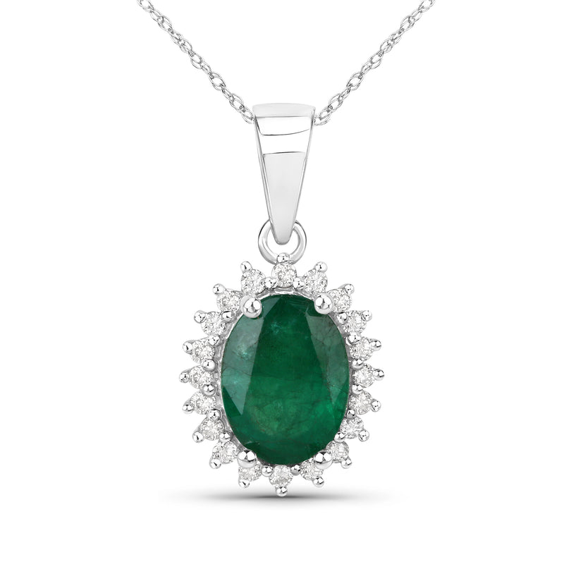 14kt white gold pendant necklace with oval emerald-green gemstone and diamond halo