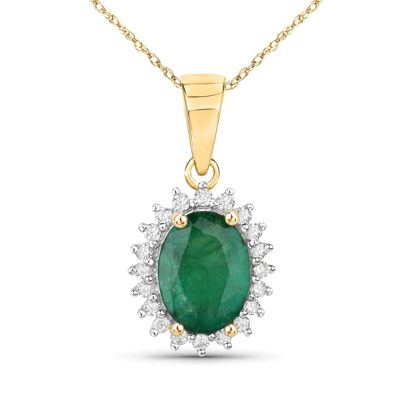14kt yellow gold emerald pendant with oval green stone and diamond halo on necklace