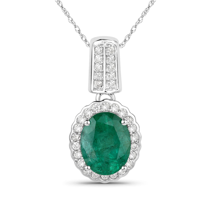 14kt white gold pendant necklace with oval emerald center and scalloped diamond halo