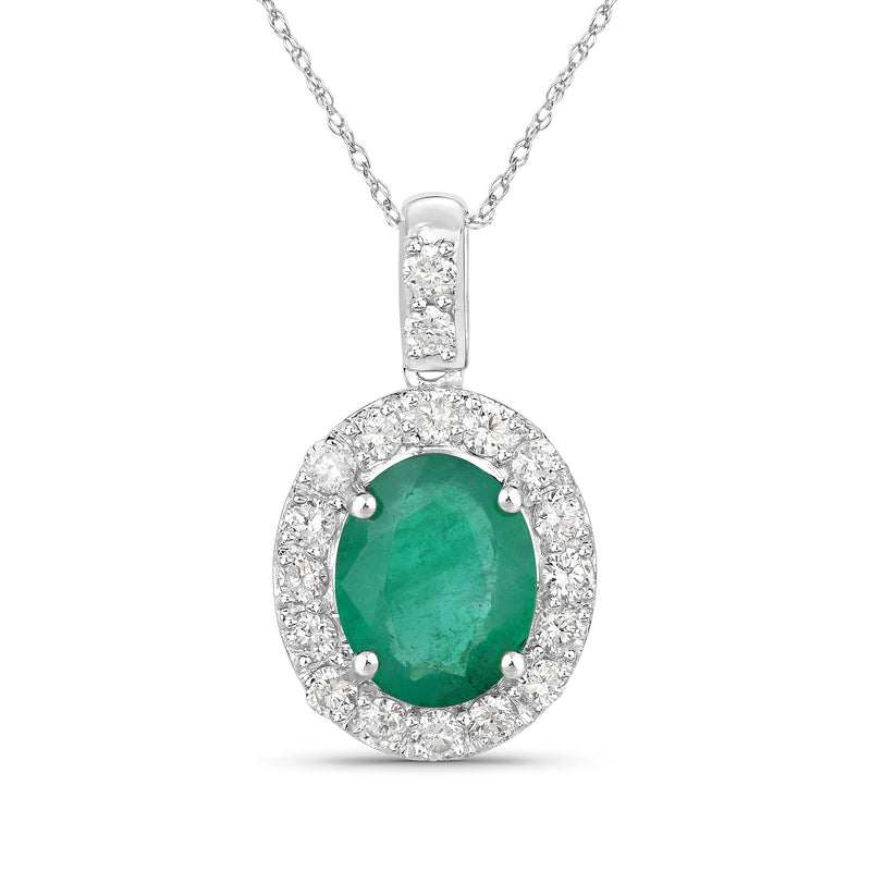 Oval emerald-green pendant with diamond halo and 14kt white gold setting on chain