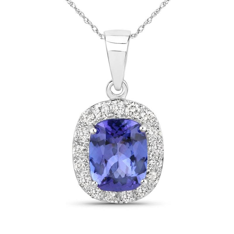 14kt white gold tanzanite and diamond pendant necklace with oval blue stone halo