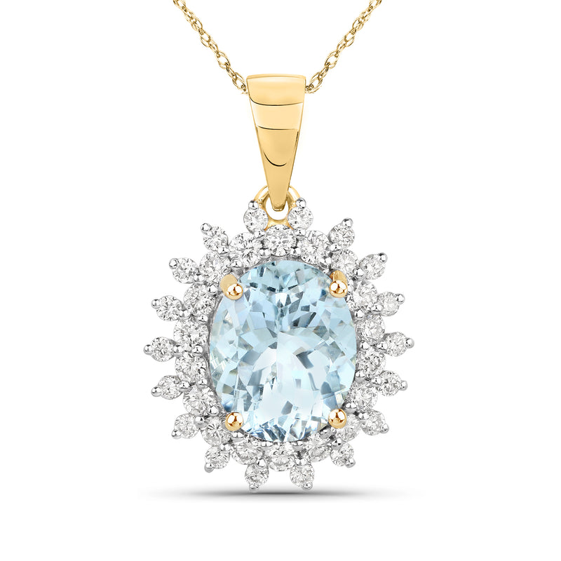 Aquamarine halo pendant necklace in 14kt yellow gold with diamond cluster and round gemstone