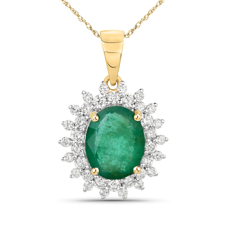 14kt yellow gold pendant necklace with oval green emerald and diamond halo