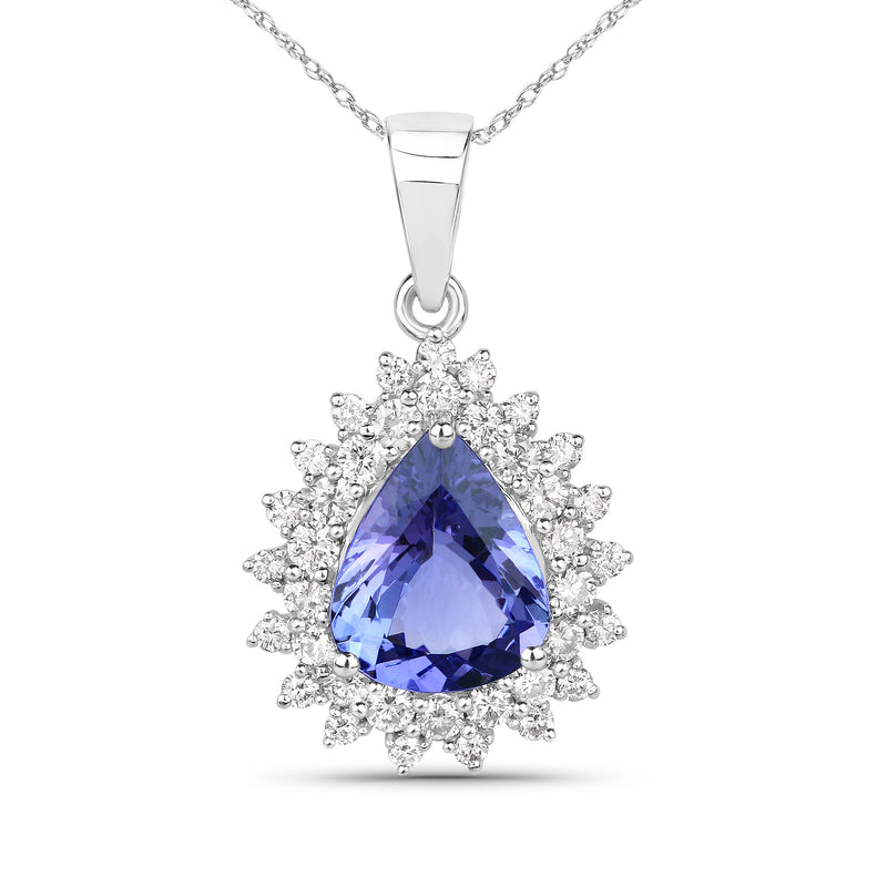 14kt white gold pear-cut tanzanite pendant with diamond halo and teardrop drop