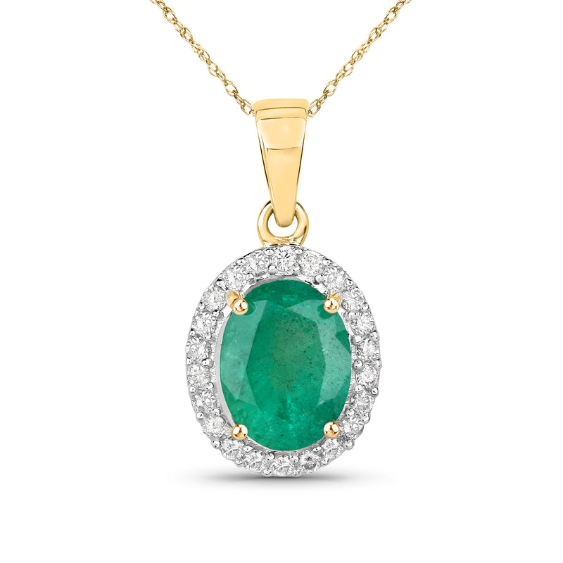 14kt yellow gold pendant necklace with oval green emerald and round diamond halo