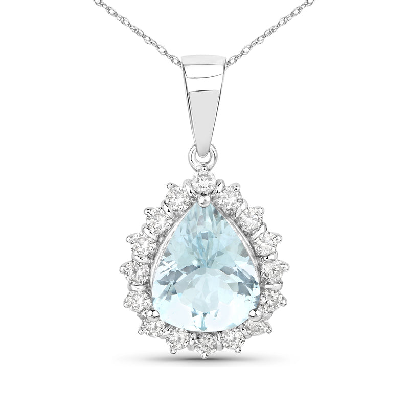 Pear-shaped aquamarine pendant with diamond halo in 14kt white gold necklace